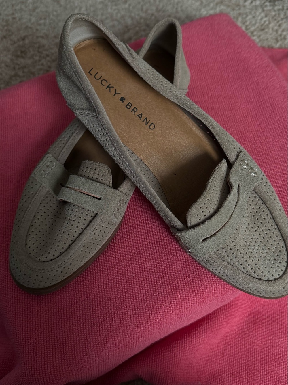 Lucky Brand Taupe Perforated Suede Penny Loafers